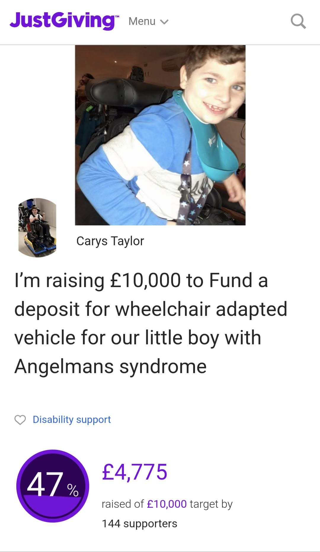 Specialist wheels for a child in Essex